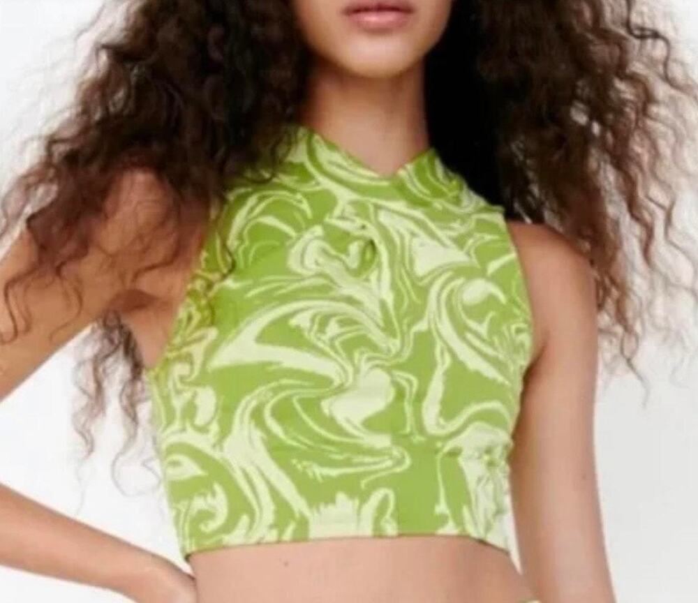 Zara Crop Top Halter Neck Green Swirls Size M